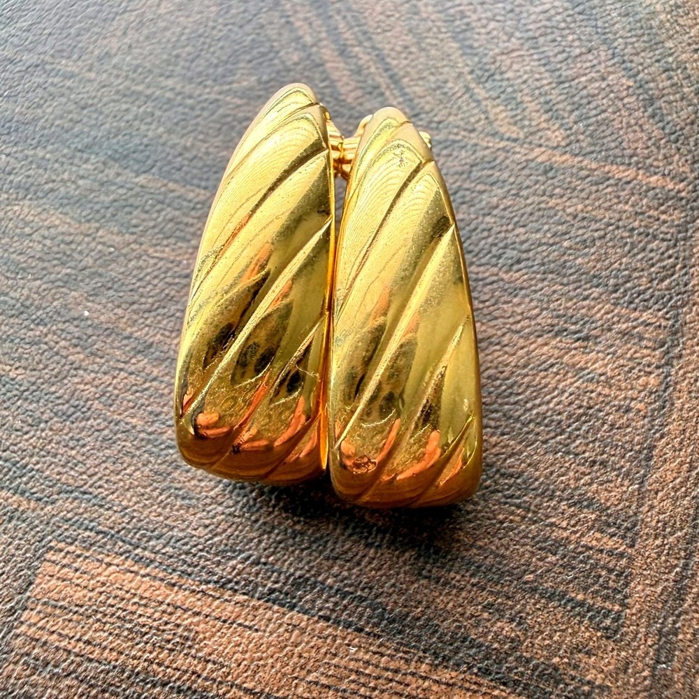 Monet Vintage Gold Tone Ribbed Shrimp Clip On Hoop Earrings